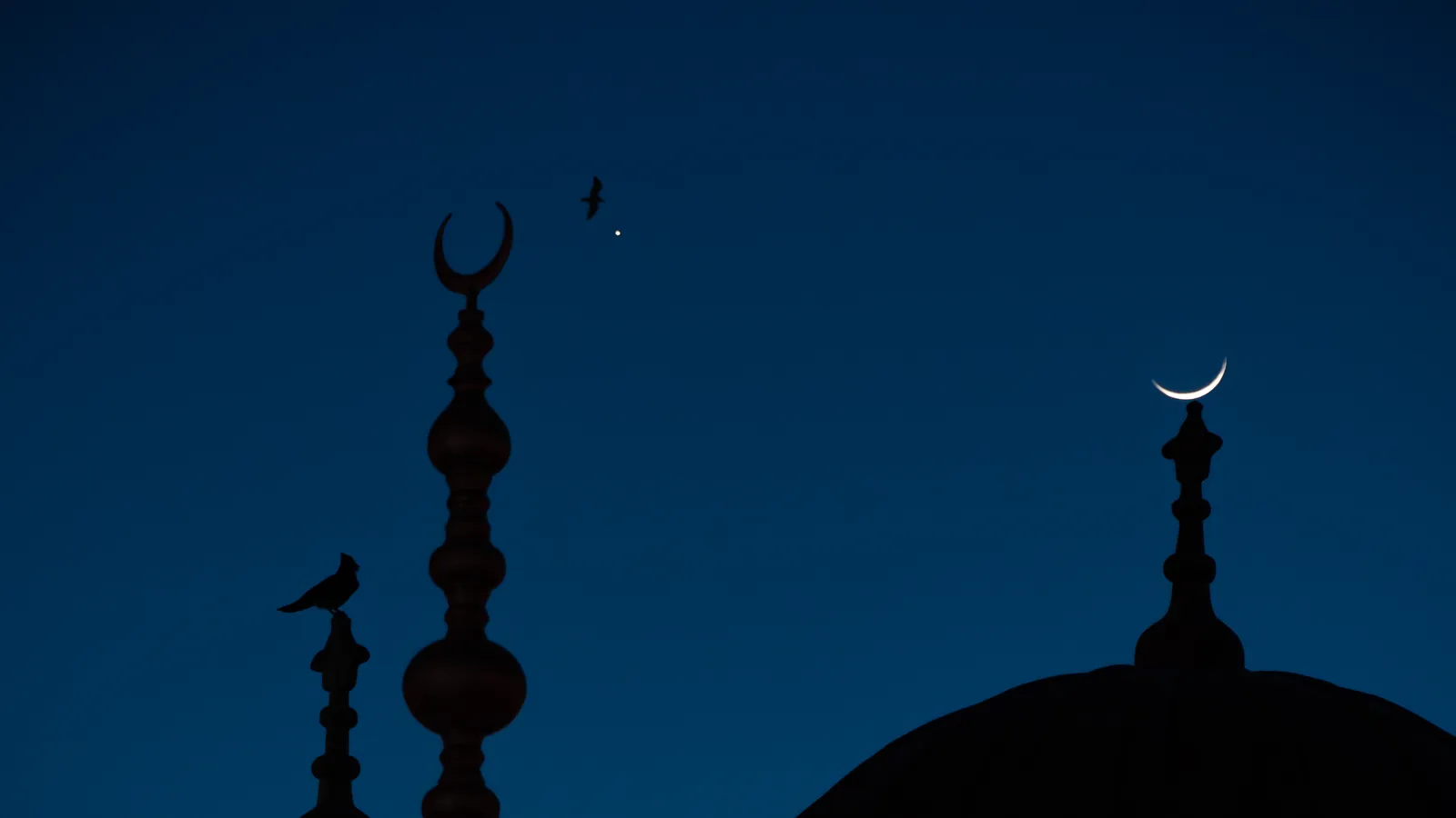 Le fin croissant de lune dans le ciel bleu nuit, au-dessus des coupoles et des flèches de la mosquée Valide-i Cedid, à Istanbul