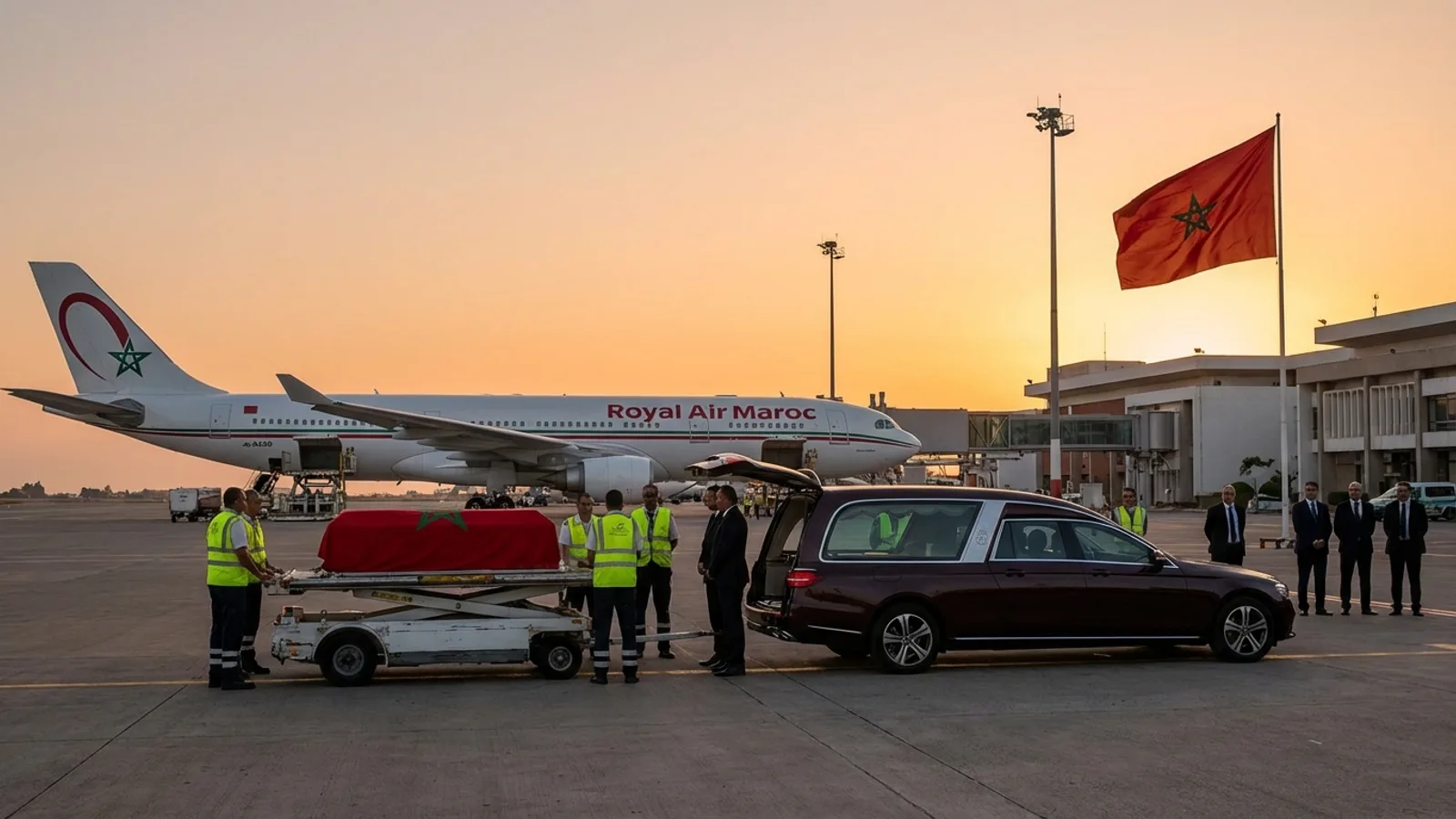 Sur le tarmac, au coucher du soleil, un cercueil recouvert du drapeau marocain est transféré d’un avion Royal Air Maroc vers un corbillard