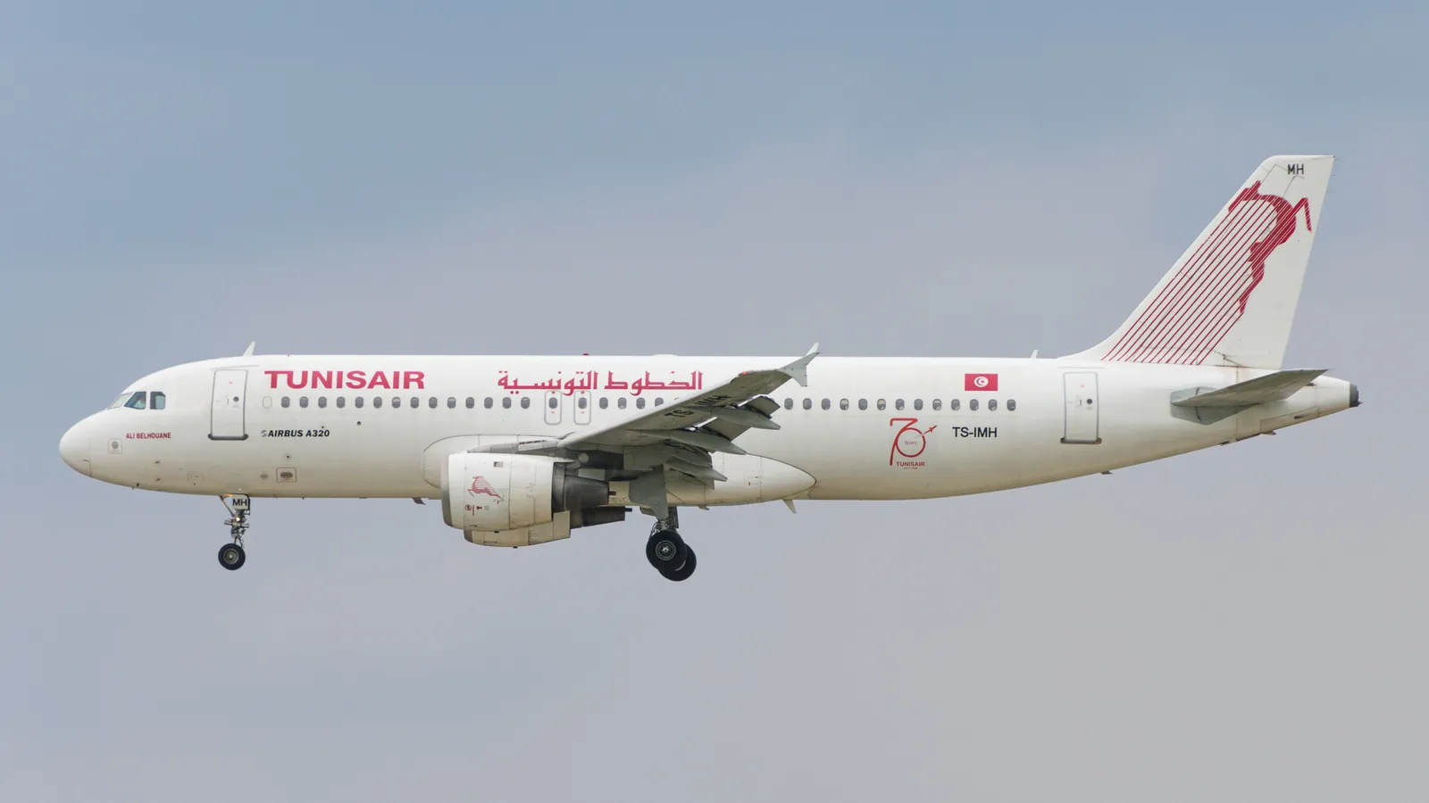 Un Airbus A320 de Tunisair en approche, train d’atterrissage sorti, sur un ciel gris-bleu