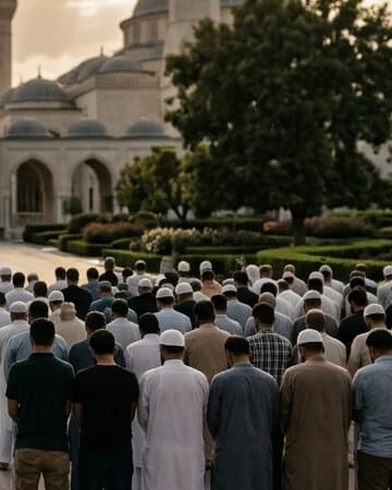 Des fidèles alignés en rangs, vus de dos, devant une mosquée et son jardin
